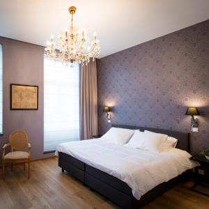 布鲁塞尔丹斯切尔大道住宿加早餐旅馆的一间卧室配有一张大床和一个吊灯。