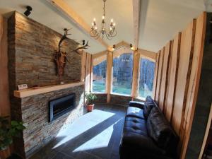 阿祖加Alpin Lodge的带沙发和砖砌壁炉的客厅