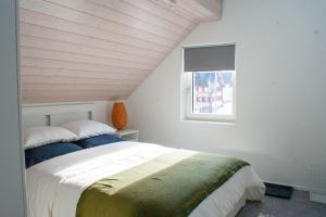 阿尔卑纳赫施塔德Budget rooms Pilatus - Alpnachstad的一间卧室设有一张大床和一个窗户。