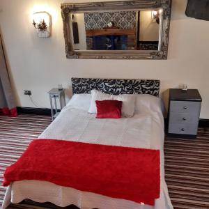 斯凯格内斯The Saracens Head Old Lounge的一间卧室配有一张带红色毯子和镜子的床