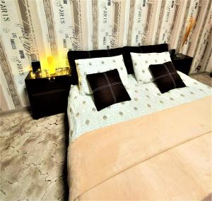 基辅Атмосферная 1-к квартира м Левобережная的一间卧室配有一张大床和两个枕头