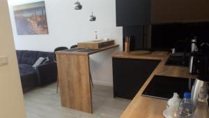 莱什诺Apartament Skarbowa 2的厨房配有黑色橱柜和台面