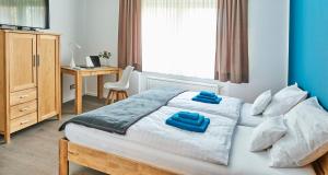 维利希SCHLAFGUT! HOTEL-WILL.ICH Garni的一间卧室配有一张带两个蓝色枕头的床