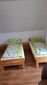 OdrowążAgroturystyka Pokoje u Zosi的两张睡床彼此相邻,位于一个房间里