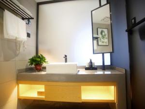 阜阳格林豪泰阜阳市会展中心商务酒店的一间带水槽和镜子的浴室