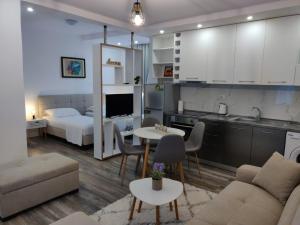 都拉斯E&A Apartments Guesthouse的厨房以及带沙发和桌子的客厅。
