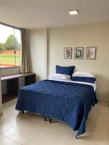 戈亚斯州上帕莱索Delú Residences的一间卧室配有一张带蓝色床单的床和一扇窗户。