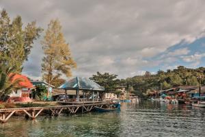 库德岛Baan Rabieng Talay Homestayบ้านระเบียงทะเล โฮมสเตย์เกาะกูด的一条有房子的河流和码头