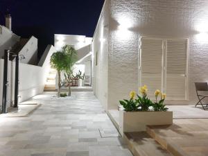 托雷拉皮罗La Baia Apartments的白色墙壁和鲜花的房子的走廊
