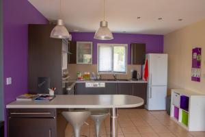 Roches-Prémarie-AndilléMaison individuelle avec jardin proche Poitiers的厨房设有紫色墙壁和白色冰箱。