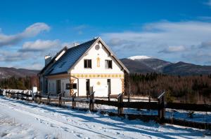 韦特利纳Gościniec Horb的雪中带黑色屋顶的白色房子