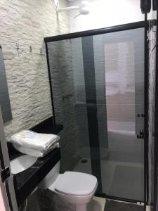 圣保罗Hotel Flor Paulista的一间带卫生间和玻璃淋浴间的浴室