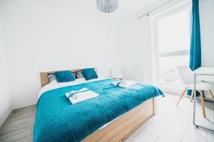 罗兹Apartments Drewnowska 43的一间卧室配有蓝色的床和蓝色的毯子