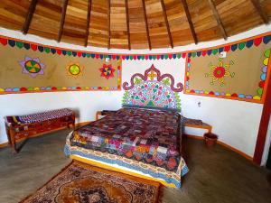 BherandiālaBanni Village Stay的一间设有一张床铺的卧室,位于一间拥有彩绘墙壁的房间