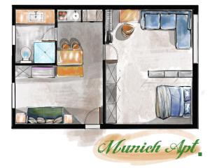慕尼黑Mozart Apartment München的小型公寓的平面图,设有一间卧室