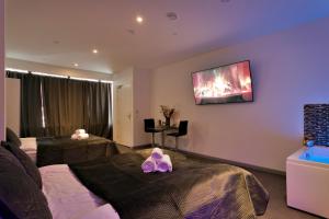 宰斯特Wellness Suite Zeist的酒店客房设有两张床和一台墙上的电视。