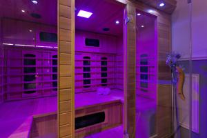宰斯特Wellness Suite Zeist的浴室内带紫色照明的步入式淋浴间