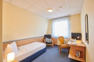 丁斯拉肯格鲁内瓦尔德酒店的配有一张床和一张书桌的酒店客房
