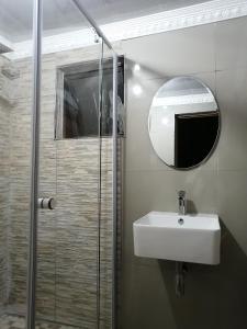 德班54 Malcolm Hidden Gem near Musgrave的浴室配有盥洗盆和带镜子的淋浴