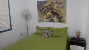 卡波布里奥Casa em Cabo Frio的卧室配有一张绿色的床,墙上挂有绘画作品