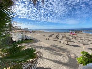 美洲海滩帕拉德洛二号酒店的海滩上设有椅子和遮阳伞,还有大海