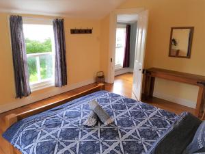 阿希帕拉无尽夏日小屋旅舍的一间卧室配有一张蓝色棉被和两个窗户。