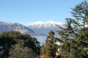 韦尔巴尼亚韦尔巴尼亚青年旅馆的享有湖泊和雪覆盖的山脉的美景。