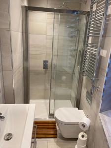 皮布尔斯SAKAN的带淋浴、卫生间和盥洗盆的浴室