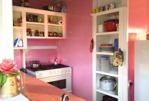 格罗斯岛Large Cottage Rodney Bay 2 bedrooms 2 bathrooms的厨房设有粉红色的墙壁和炉灶。