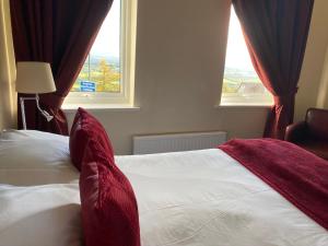大莫尔文维奇旅馆的卧室配有一张带红色枕头的床,卧室设有两扇窗户