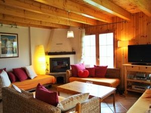 莱斯克伦斯Chalet in H r mence with Sauna Ski Whirlpool的带沙发和壁炉的客厅