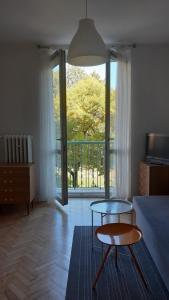克拉科夫Lovely Jubbly Apartment的客厅设有床、两张桌子和窗户