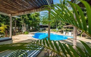 哈德姚Shiralea Backpackers Resort的享有棕榈树游泳池的景色