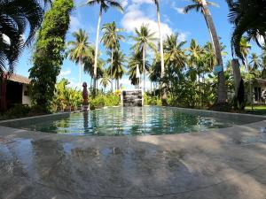 拉迈亚洲秘密度假村的站在棕榈树游泳池前的人