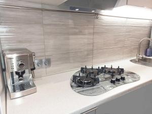 基辅Luxury Centre Located Apartment的厨房柜台配有炉灶和咖啡设施。