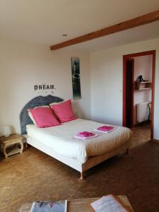 特雷沃 - 特雷吉涅克Les Hortensias GR 34 - Chambres d'Hôtes的一间卧室配有带粉红色枕头的床。