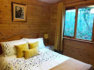 布德Willow Valley的一间卧室配有一张带黄色枕头的床和一扇窗户