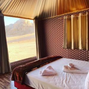 瓦迪拉姆Sand Star Camp的一张位于带大窗户的房间内的床铺