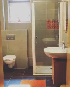 Berbourg欢乐住宿加早餐旅馆的带淋浴、卫生间和盥洗盆的浴室