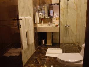 比沙堡Central Park Hotel Bisha的带淋浴、卫生间和盥洗盆的浴室
