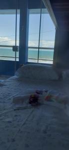 伊塔波阿Pé na areia apt superior的一间卧室设有一张床,享有海景