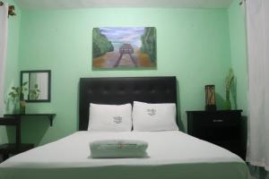 VeneciaHospedaje Wotoch Aayin的卧室配有一张床,墙上挂有绘画作品