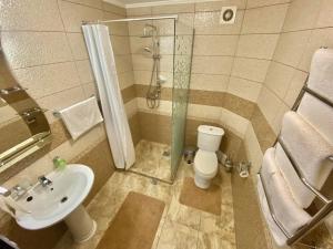 波利亚纳Сонячне Джерело的带淋浴、卫生间和盥洗盆的浴室