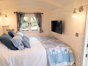 斯特明斯特牛顿Yew Tree View Luxury Shepherd's Hut的卧室配有一张床,墙上配有电视。