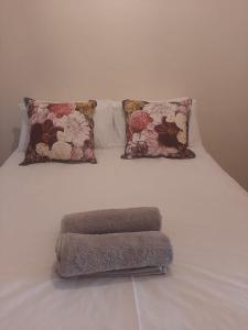 博福特西Dagbreek的一张带两个枕头的白色床和一个地毯