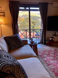 普拉特斯Cozy mountain apartment in Platres的客房设有两张床和大窗户。