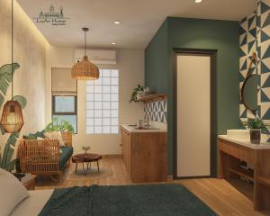 岘港Banana Flower Homestay的一间带绿色墙壁的卧室和一间客厅