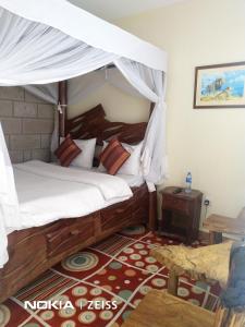 马查科斯Machakos Suites Luxury Hotel的一间卧室配有一张带天蓬的床