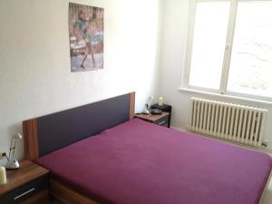 柏林"IDEAL" - für Zwei的一间卧室配有一张带紫色毯子的床