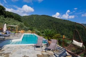 ComanoAgriturismo Casa Turchetti的一个带椅子的游泳池和一个山